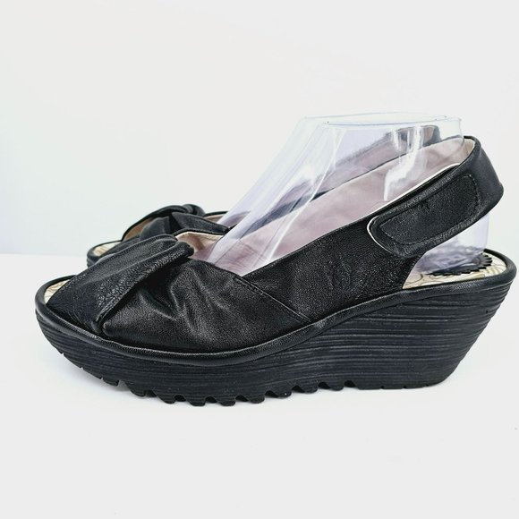 Fly London Yakin Ankle Strap Wedge Sandals 41 10 Black Leather Peep Toe Comfort - Picture 8 of 13